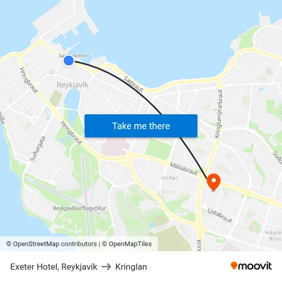 Exeter Hotel, Reykjavík to Kringlan map