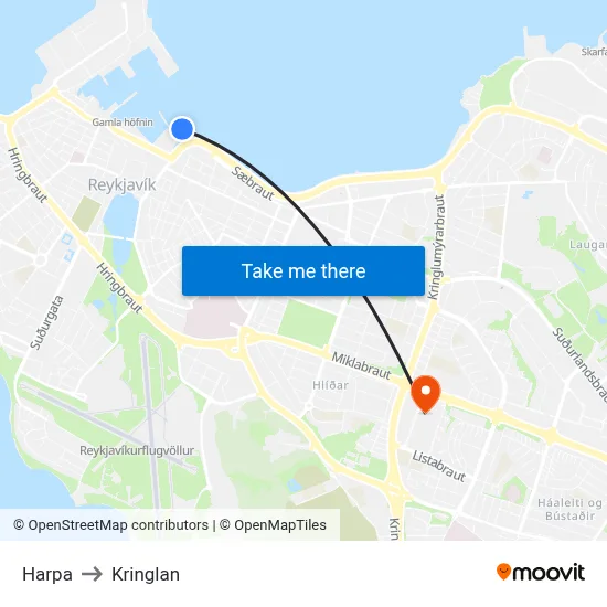 Harpa to Kringlan map