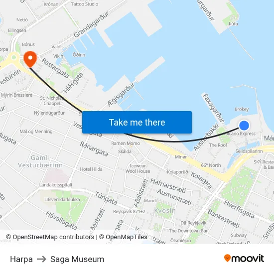 Harpa to Saga Museum map