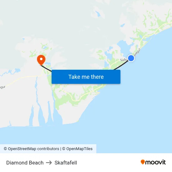 Diamond Beach to Skaftafell map