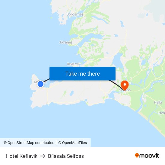 Hotel Keflavik to Bílasala Selfoss map