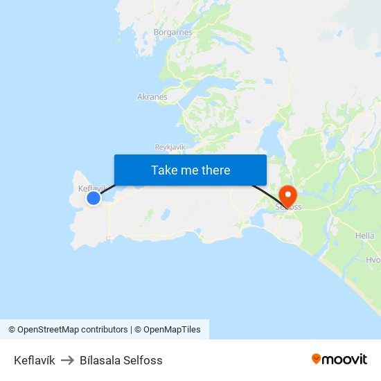 Keflavík to Bílasala Selfoss map