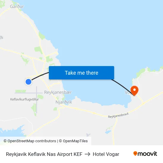 Reykjavik Keflavik Nas Airport KEF to Hotel Vogar map
