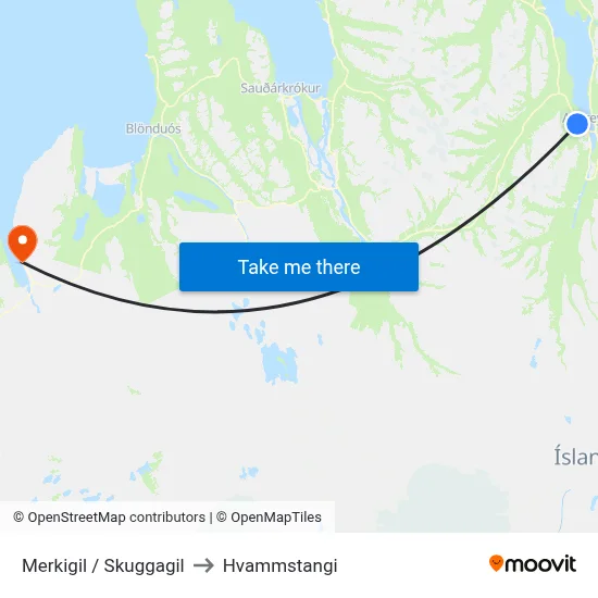 Merkigil / Skuggagil to Hvammstangi map