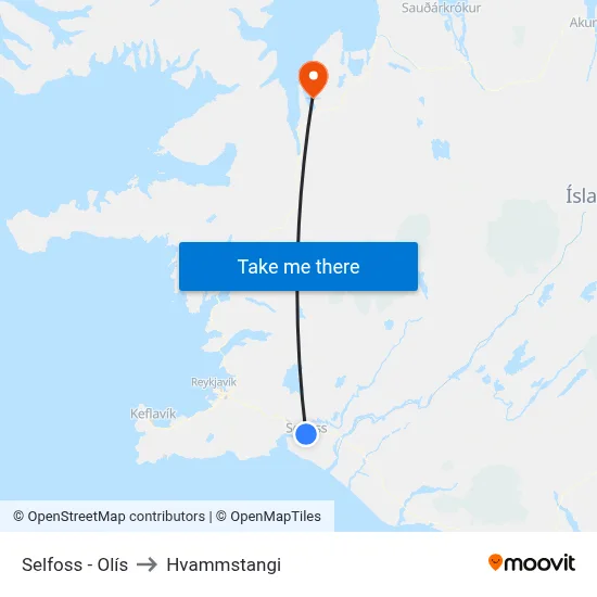 Selfoss - Olís to Hvammstangi map