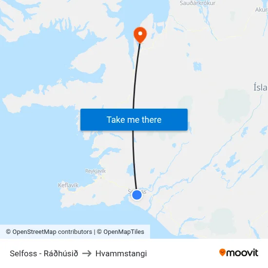 Selfoss - Ráðhúsið to Hvammstangi map