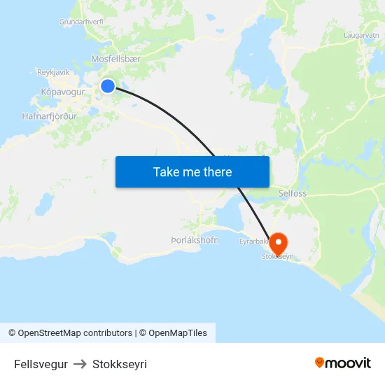 Fellsvegur to Stokkseyri map