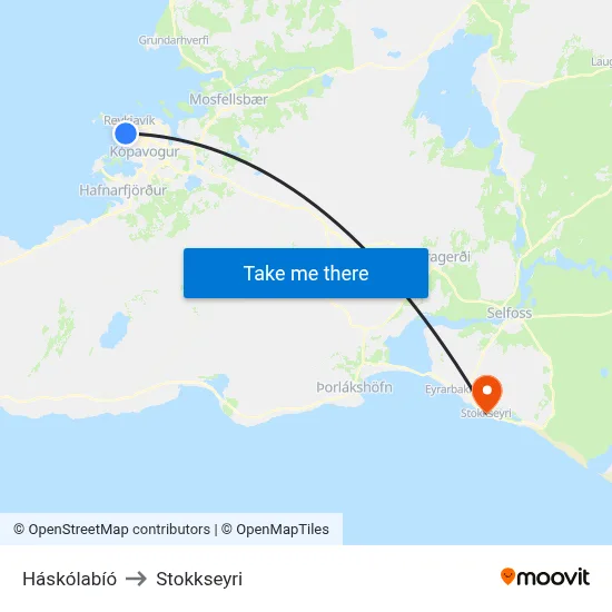 Háskólabíó to Stokkseyri map