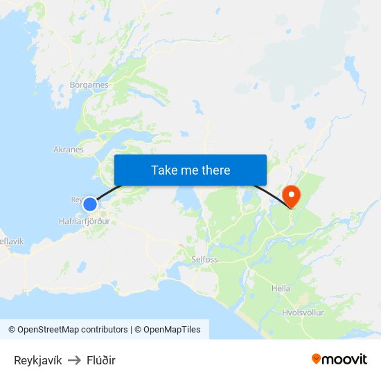 Reykjavík to Flúðir map