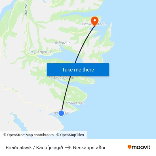 Breiðdalsvík / Kaupfjelagið to Neskaupstaður map