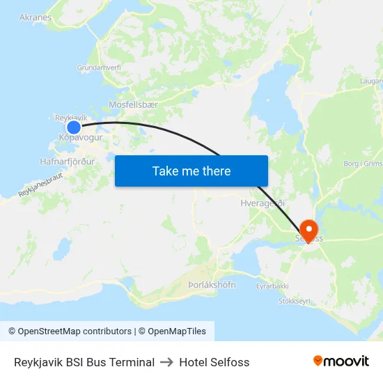Reykjavik BSI Bus Terminal to Hotel Selfoss map