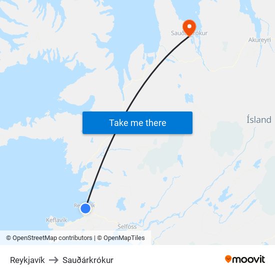 Reykjavík to Sauðárkrókur map
