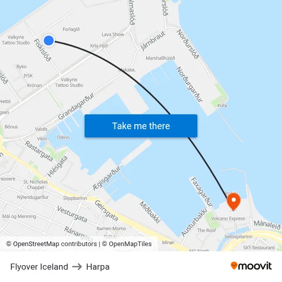 Flyover Iceland to Harpa map