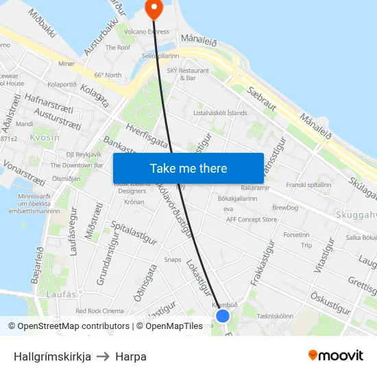 Hallgrímskirkja to Harpa map