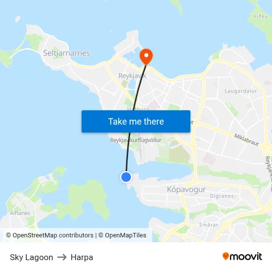 Sky Lagoon to Harpa map