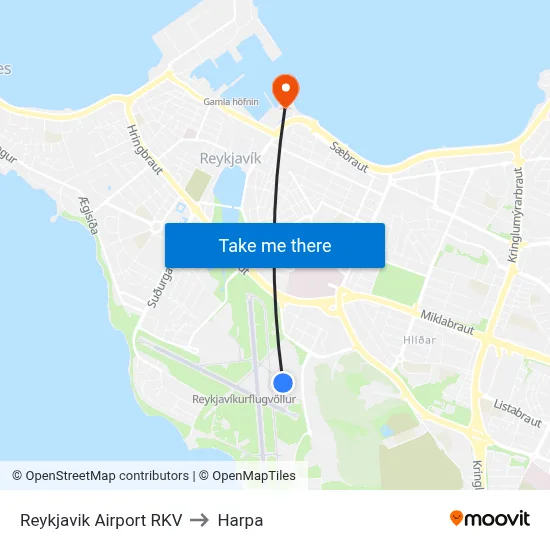 Reykjavik Airport RKV to Harpa map
