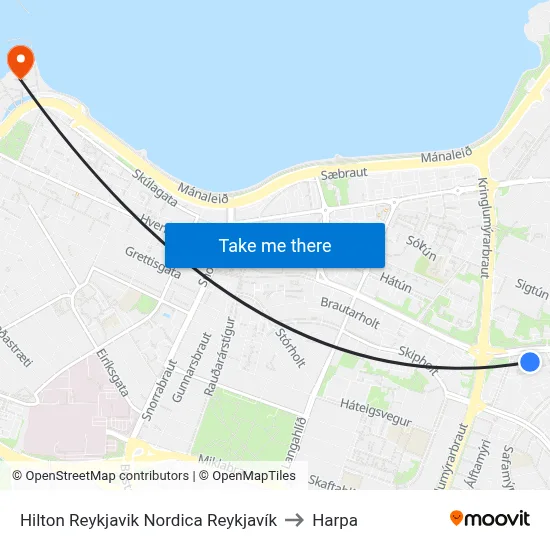 Hilton Reykjavik Nordica Reykjavík to Harpa map