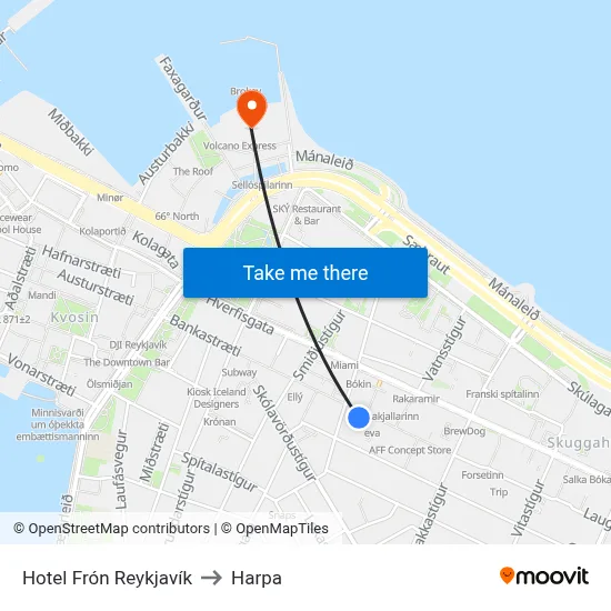 Hotel Frón Reykjavík to Harpa map