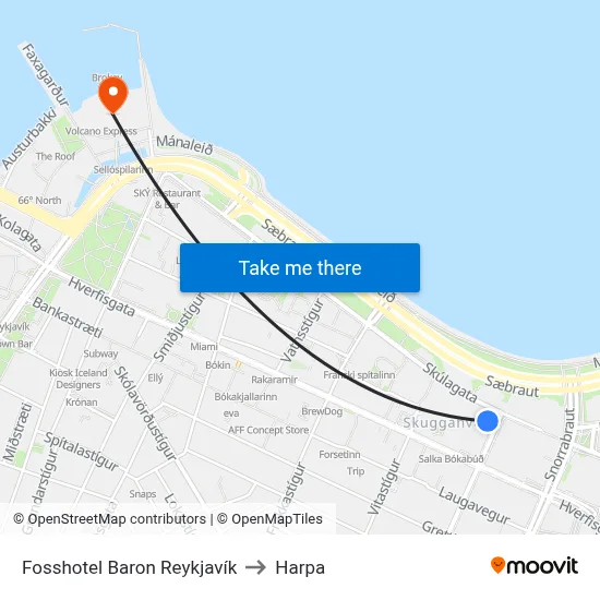 Fosshotel Baron Reykjavík to Harpa map