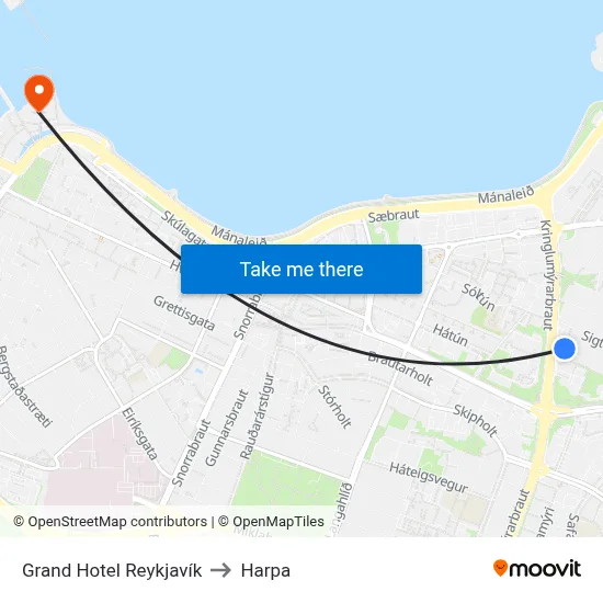 Grand Hotel Reykjavík to Harpa map