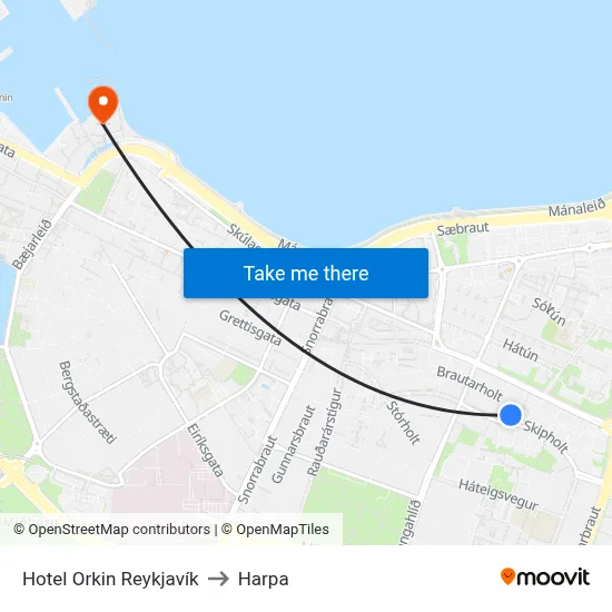 Hotel Orkin Reykjavík to Harpa map