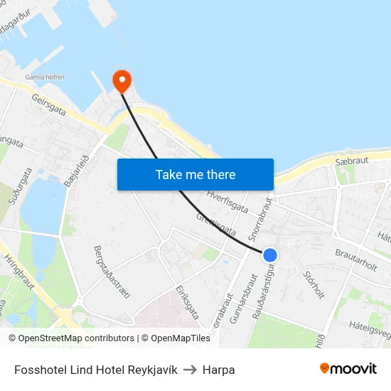 Fosshotel Lind Hotel Reykjavík to Harpa map