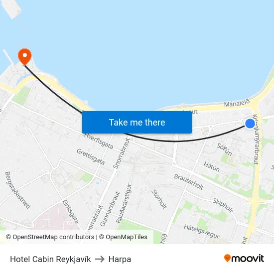 Hotel Cabin Reykjavík to Harpa map