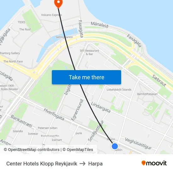 Center Hotels Klopp Reykjavík to Harpa map