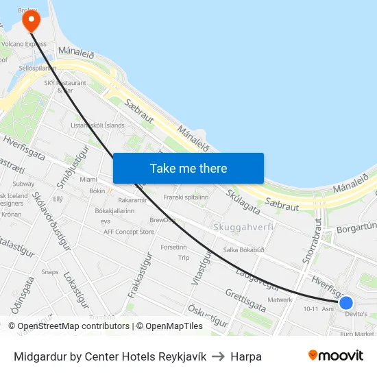 Midgardur by Center Hotels Reykjavík to Harpa map