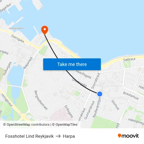 Fosshotel Lind Reykjavík to Harpa map