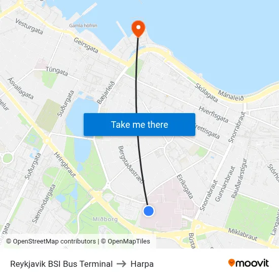 Reykjavik BSI Bus Terminal to Harpa map