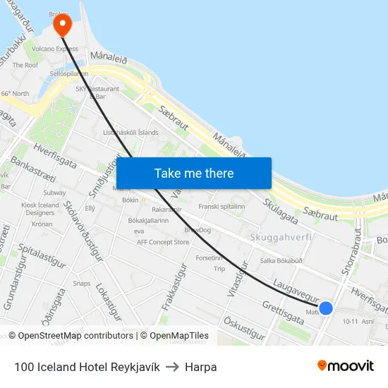100 Iceland Hotel Reykjavík to Harpa map