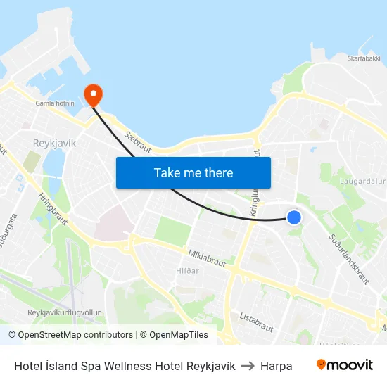 Hotel Ísland Spa Wellness Hotel Reykjavík to Harpa map