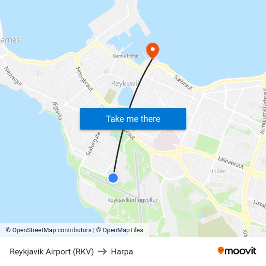Reykjavik Airport (RKV) to Harpa map