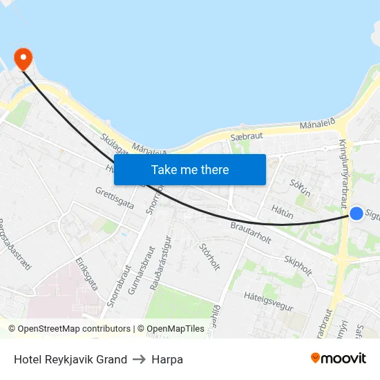 Hotel Reykjavik Grand to Harpa map