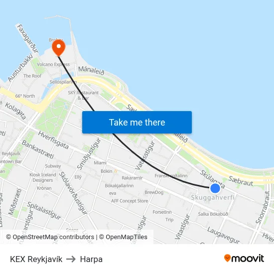 KEX Reykjavík to Harpa map