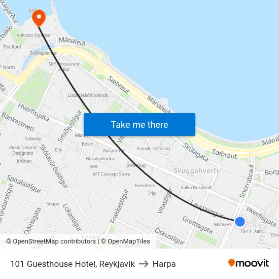 101 Guesthouse Hotel, Reykjavík to Harpa map