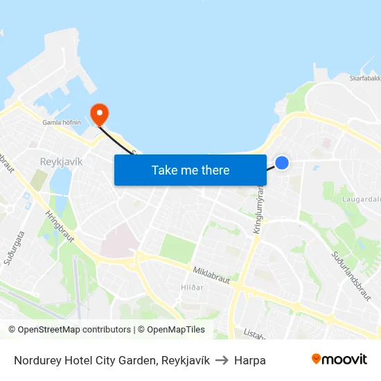 Nordurey Hotel City Garden, Reykjavík to Harpa map