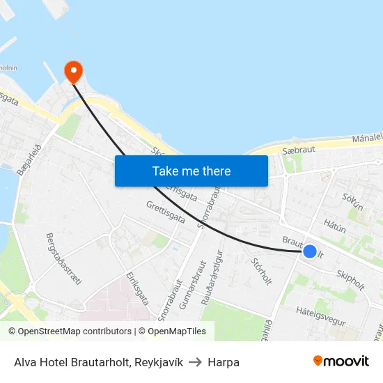 Alva Hotel Brautarholt, Reykjavík to Harpa map
