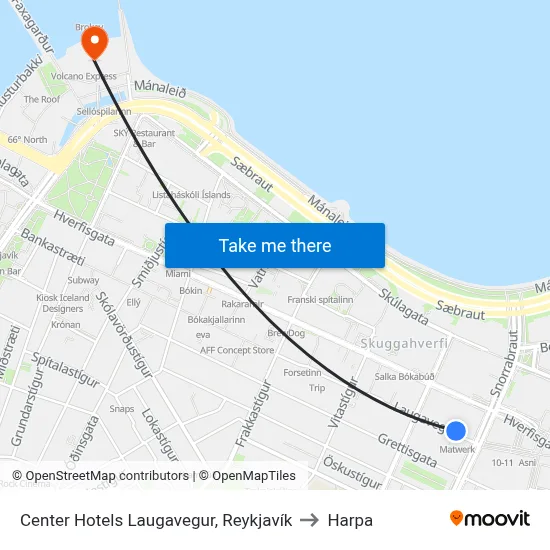 Center Hotels Laugavegur, Reykjavík to Harpa map