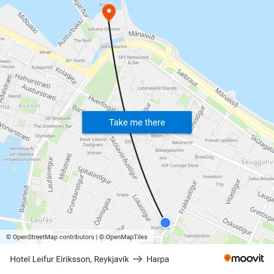 Hotel Leifur Eiriksson, Reykjavík to Harpa map