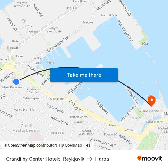 Grandi by Center Hotels, Reykjavík to Harpa map