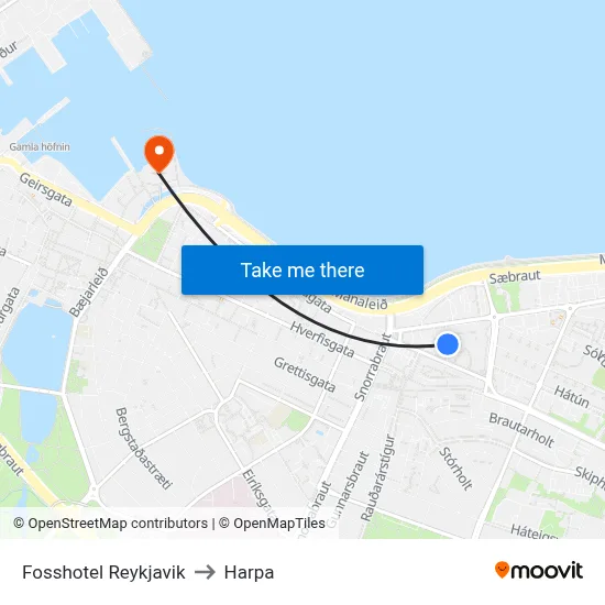 Fosshotel Reykjavik to Harpa map