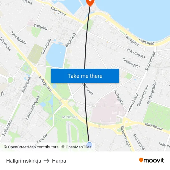 Hallgrímskirkja to Harpa map