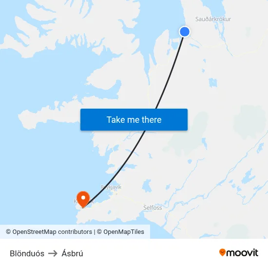Blönduós to Ásbrú map