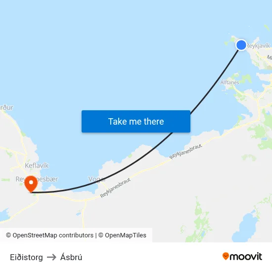 Eiðistorg to Ásbrú map