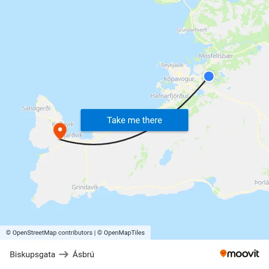 Biskupsgata to Ásbrú map