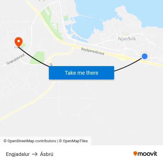 Engjadalur to Ásbrú map