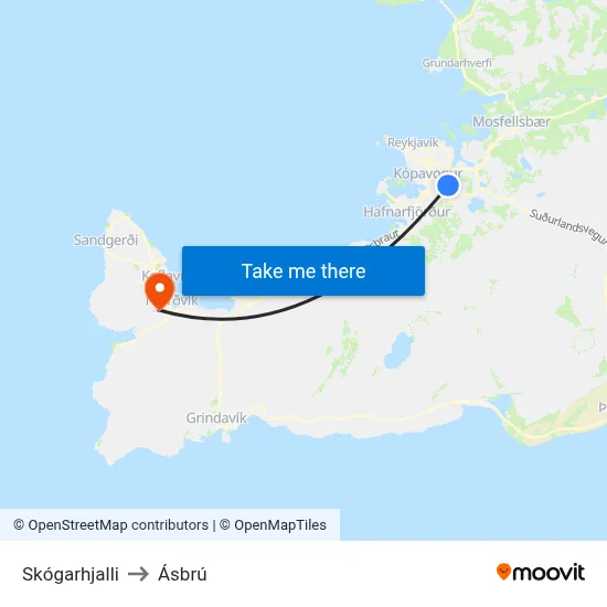 Skógarhjalli to Ásbrú map