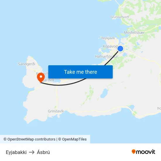 Eyjabakki to Ásbrú map